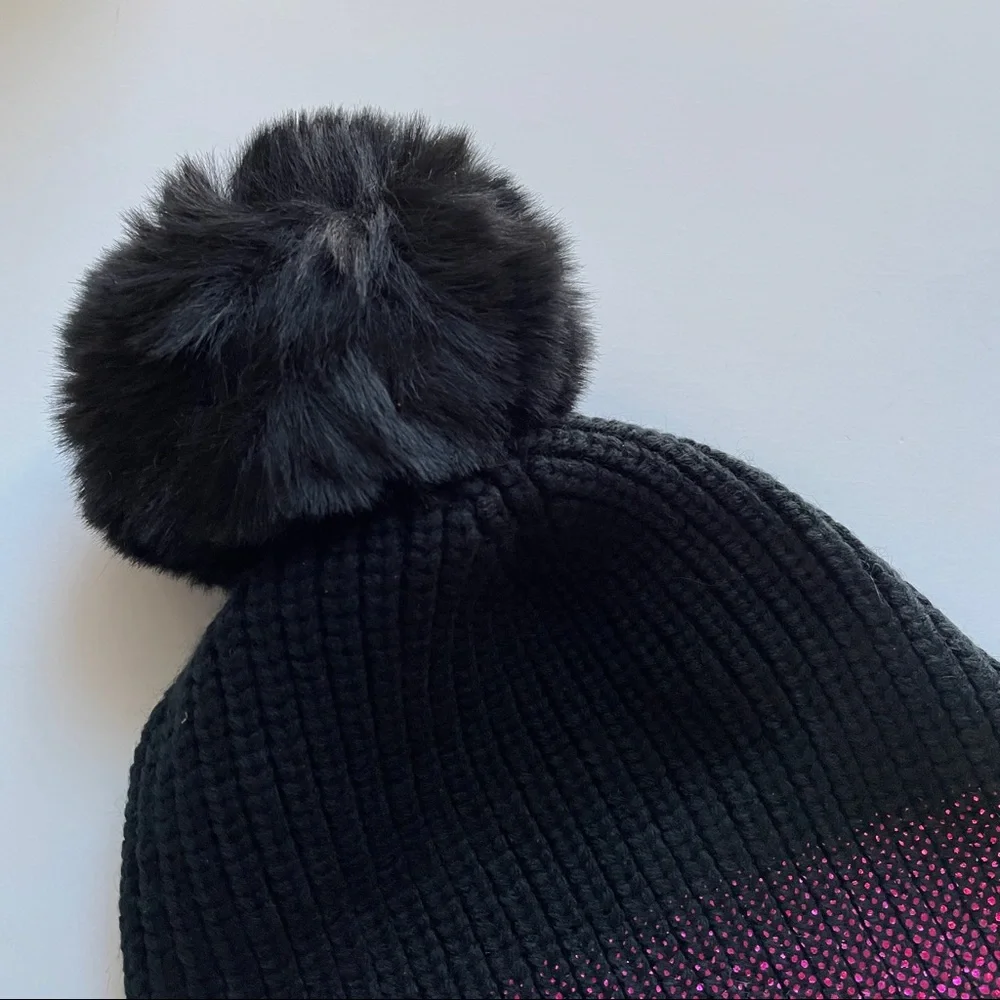 Jocelyn NWT Black Hot Pink Metallic Faux Fur Beanie Winter Hat - Picture 2 of 6